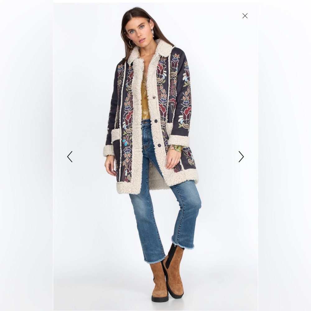 Johnny Was Cream Sherpa Floral Embroidered Coat